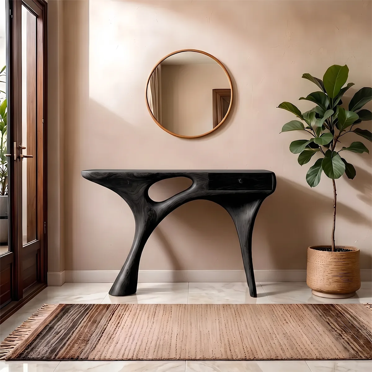 Organic Modern Console Table with Sculptural Base & Drawer – Contemporary Entryway Table TH003-5521