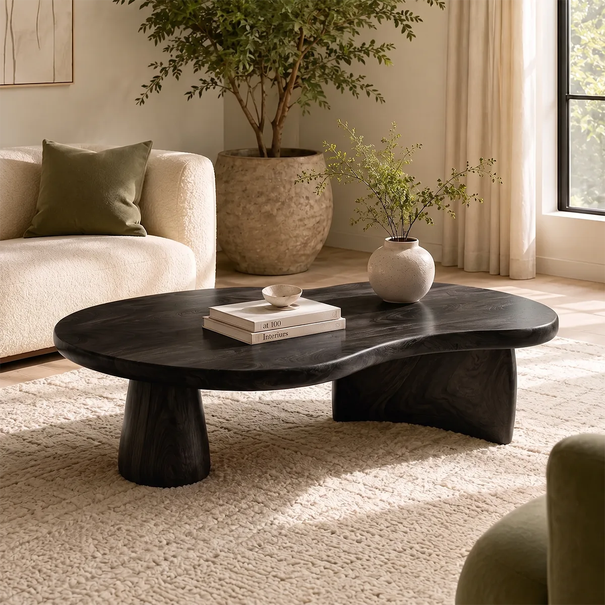 Organic Solid Wood Coffee Table | Freeform Hardwood Coffee Table with Sculptural Pedestal Base TT006-7466