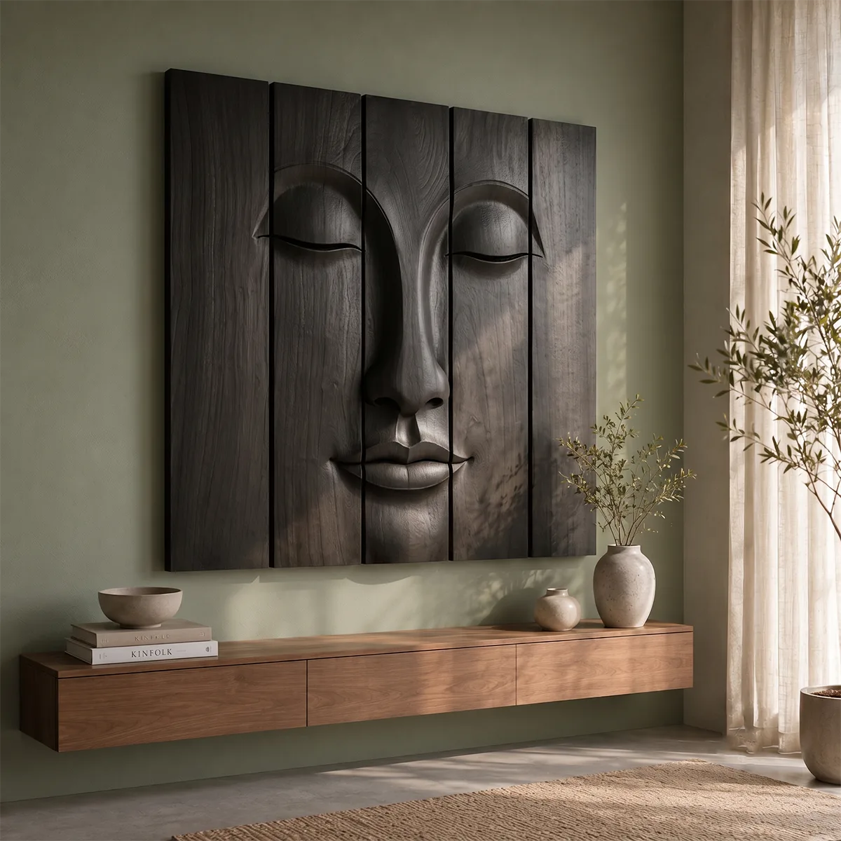 Zen Buddha Wooden Wall Art | Large 5 Panel Carved Wood Wall Sculpture TT006-4963