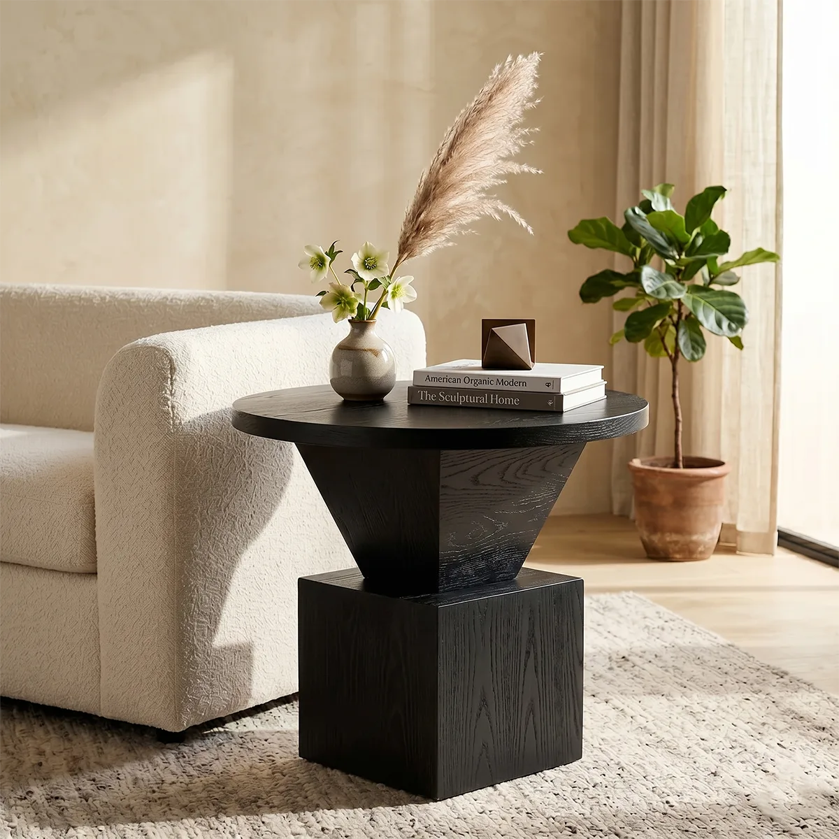 Modern Round Solid Wood End Table | Sculptural Pedestal Side Table with Black Top TH003-8718
