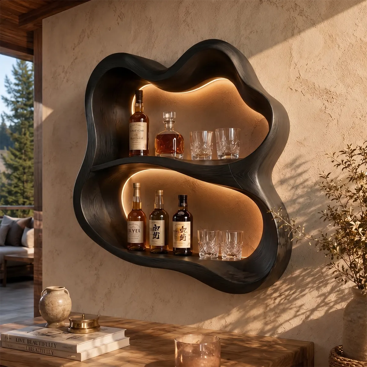 Sculptural Solid Wood Wall Wine Holder for Home Bars & Whiskey Lovers TT006-6450