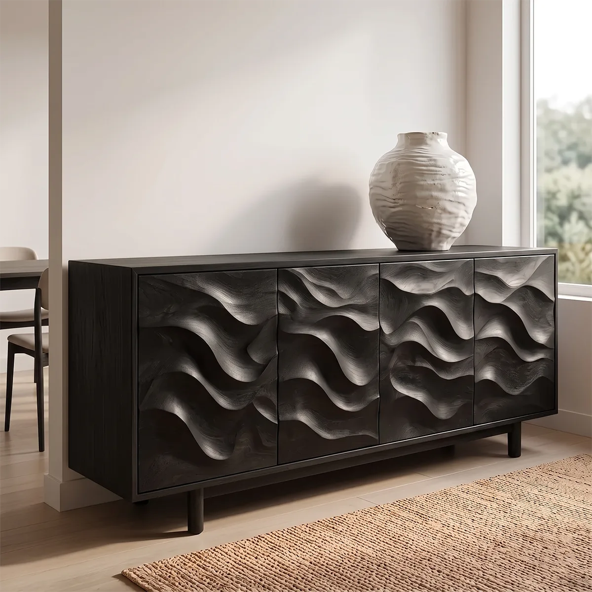 Flowing Carved Solid Wood Sideboard | Organic Modern Buffet Cabinet for Dining & Living Room TH003-8277