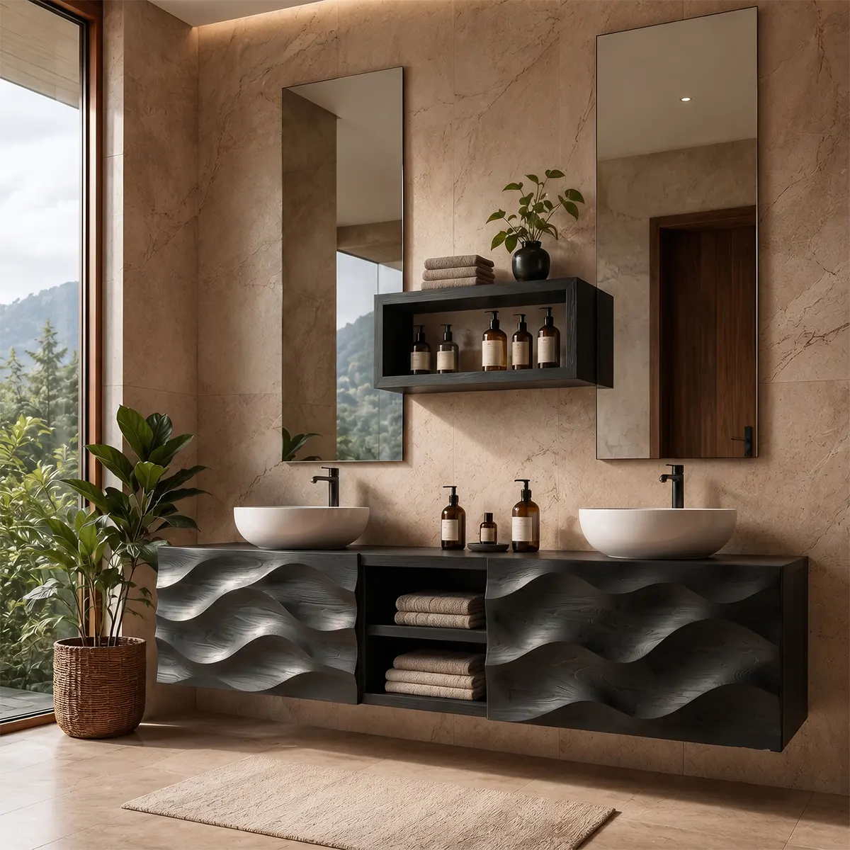 Sculpted Wave Double Sink Floating Bathroom Vanity TT006-9643