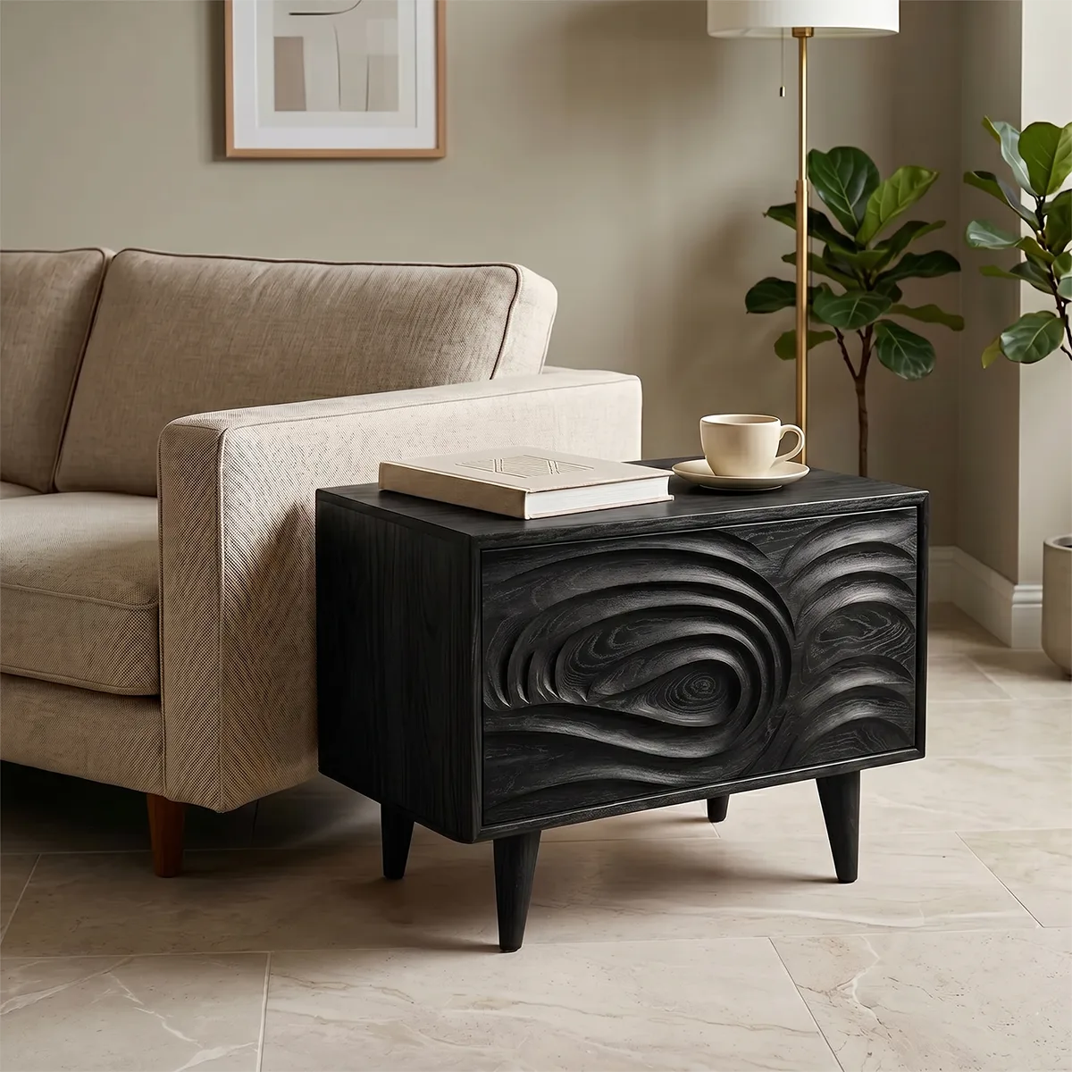 Modern Solid Wood End Table with Storage | Mid Century Nightstand with Carved Drawer TH003-2138