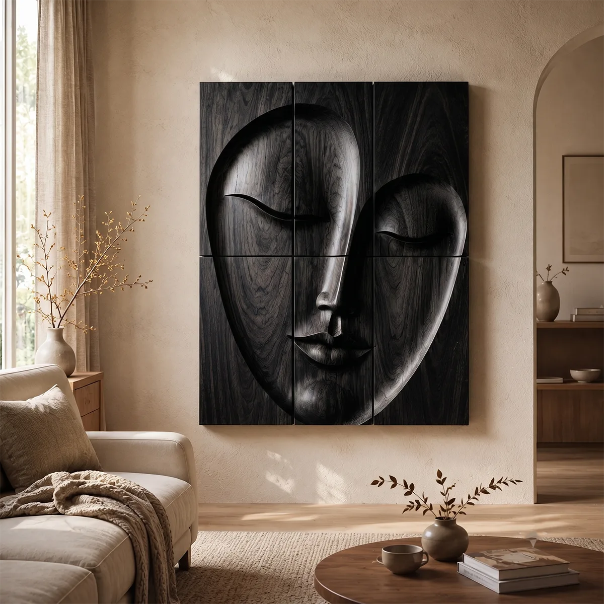 Abstract Wooden Face Wall Art | Large 6 Panel Modern Wood Sculpture TT006-6830