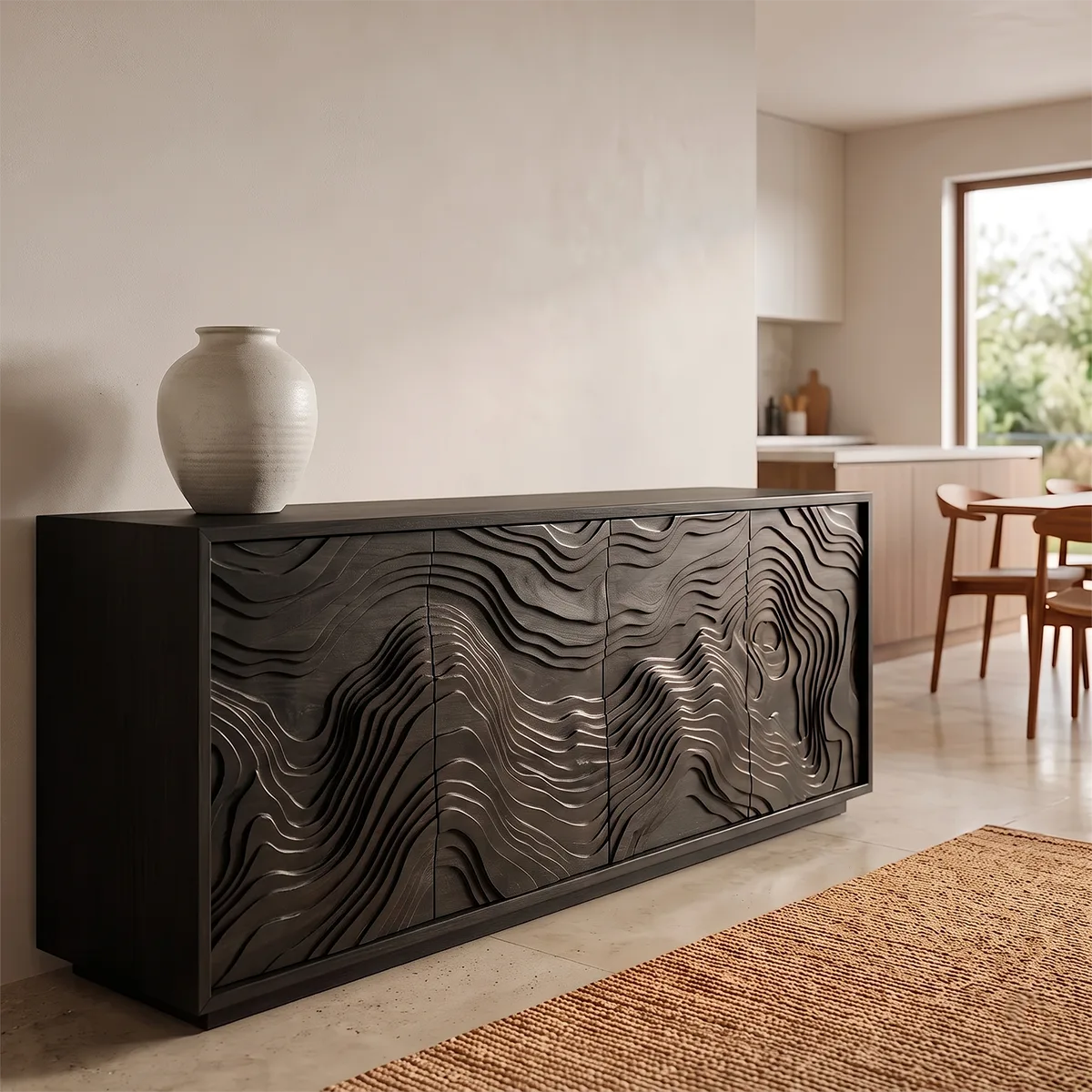 Topographic Carved Solid Wood Sideboard | Organic Modern Buffet Cabinet for Dining & Living Room TH003-9201