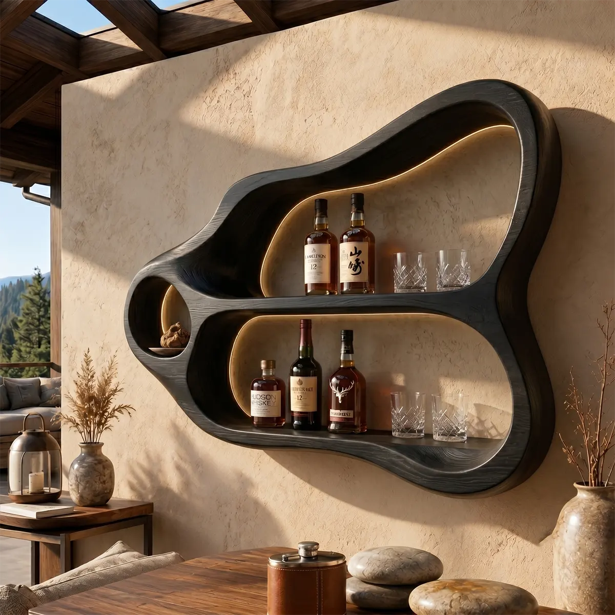 Sculptural Solid Wood Wall Wine Holder for Home Bars & Whiskey Collectors TT006-7510