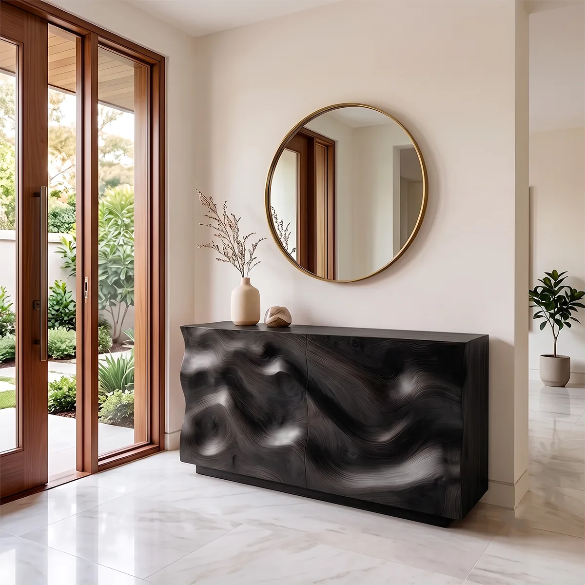 Modern Storage Console Table with Sculptural Wave Doors – Contemporary Entryway Table TH003-6526