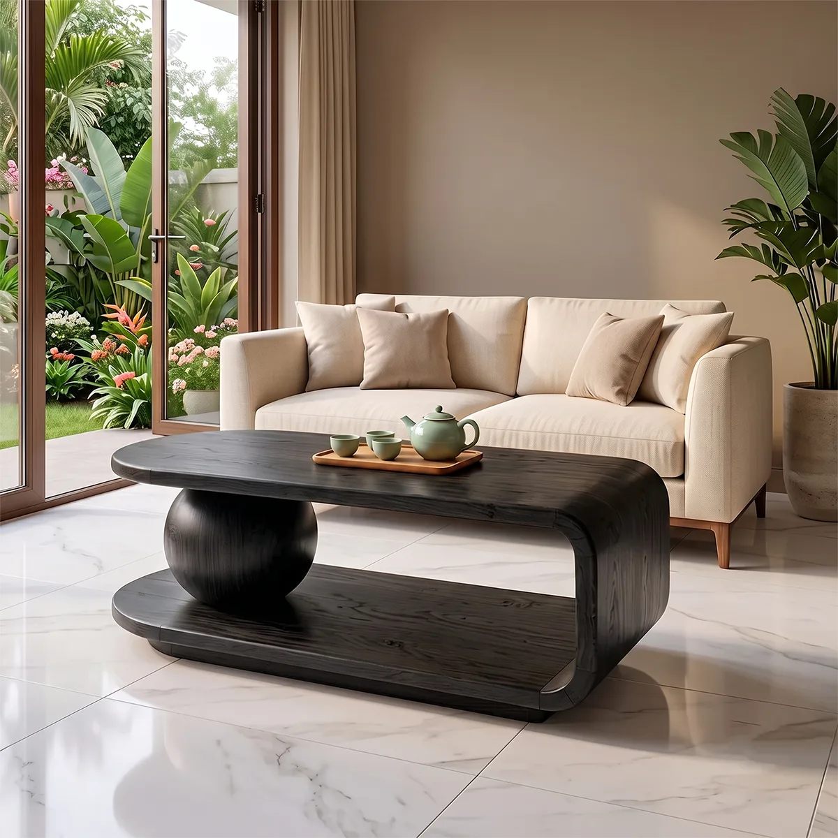 Modern Coffee Table with Shelf | Sculptural Wood Coffee Table for Living Room TH003-2792