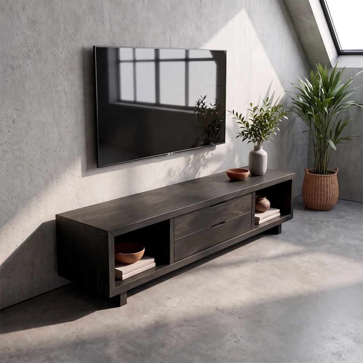 Modern TV Stand with 2 Drawers & 2 Open Storage Compartments | Low Profile Media Console TT006-9TIA4NA