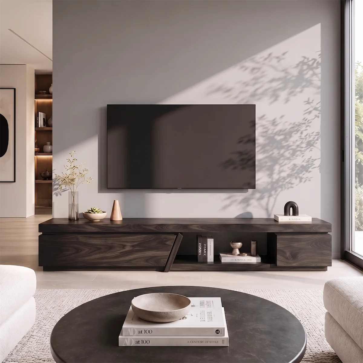 Modern Asymmetrical TV Stand | Contemporary Media Console with Angled Cabinet Doors HG021-2NJV3PU