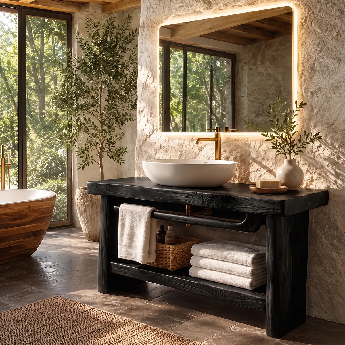Freestanding Bathroom Vanity with Open Shelf & Towel Bar | Organic Modern Design TT006-4KEH4XG