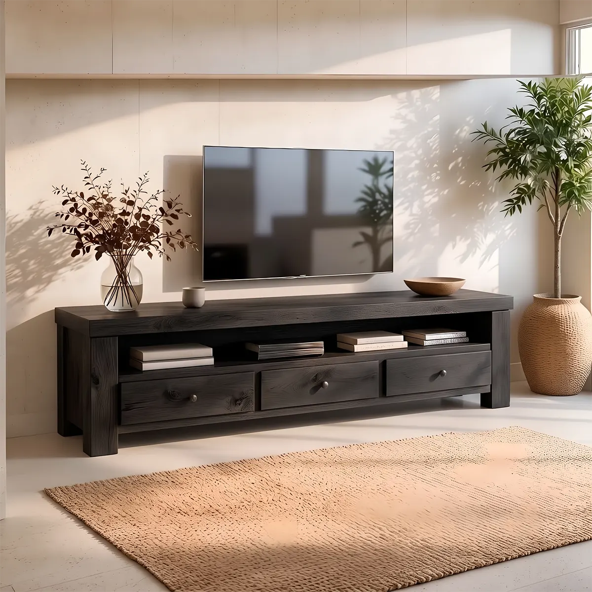 Modern TV Stand with 3 Drawers & Open Media Shelf | Rustic Wood Entertainment Console TT006-5YVS8FX