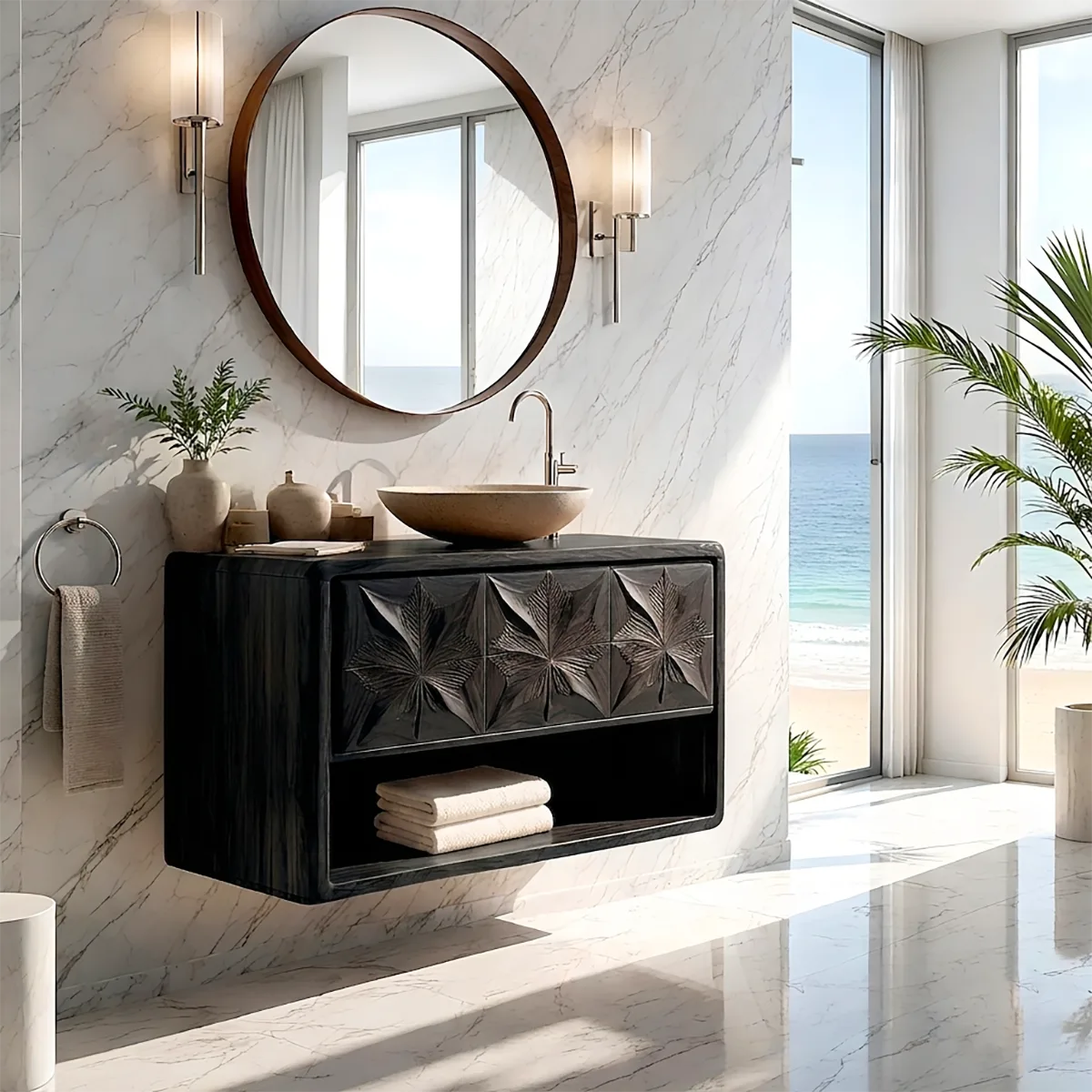Geometric Leaf Carved Bathroom Vanity with Open Storage HG021-8975