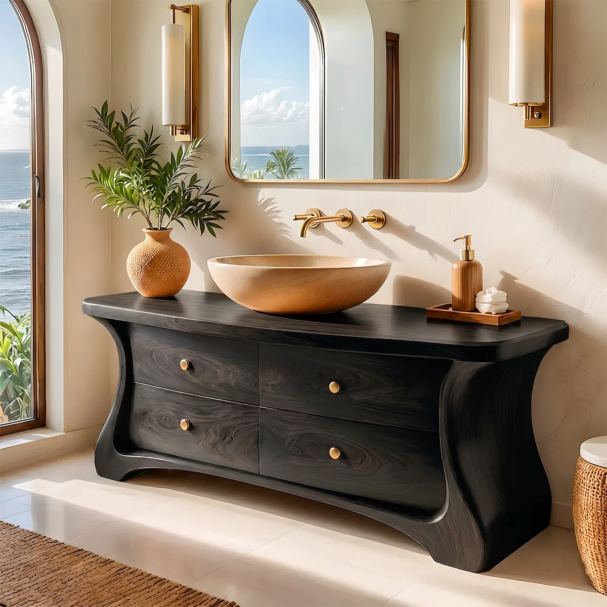 Modern Curved Bathroom Vanity with Four Drawers and Sculptural Silhouette HG021-4553