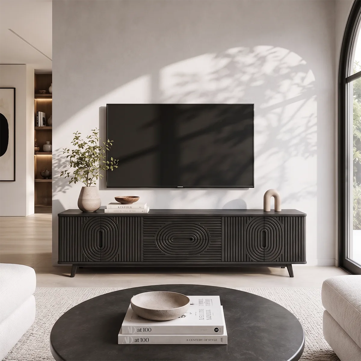 Geometric Fluted Wood TV Stand with Drawers & Cabinets | Mid-Century Media Console HG021-7RAV5YV