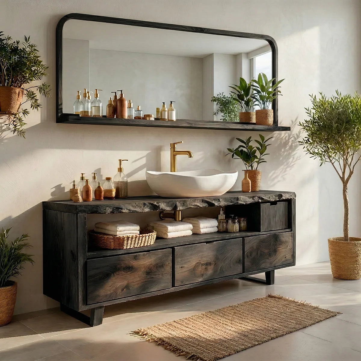 Rustic Natural Solid Wood Bathroom Vanity, Single Sink Wood Vanity with 3 Drawers & Open Shelf