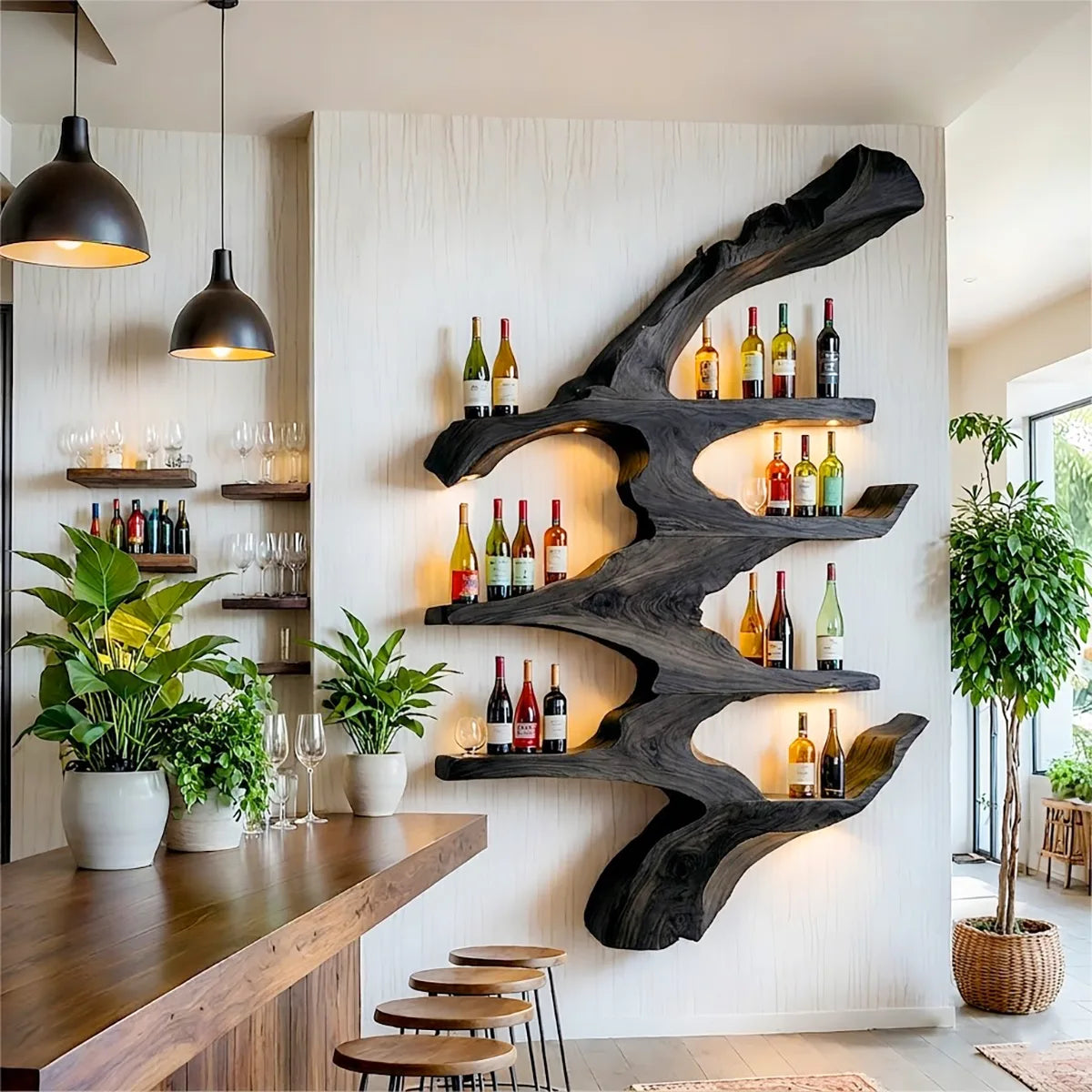 Sculptural Solid Wood Wall Wine Rack for Home Bars, Dining Rooms & Wine Lovers HG021-9667