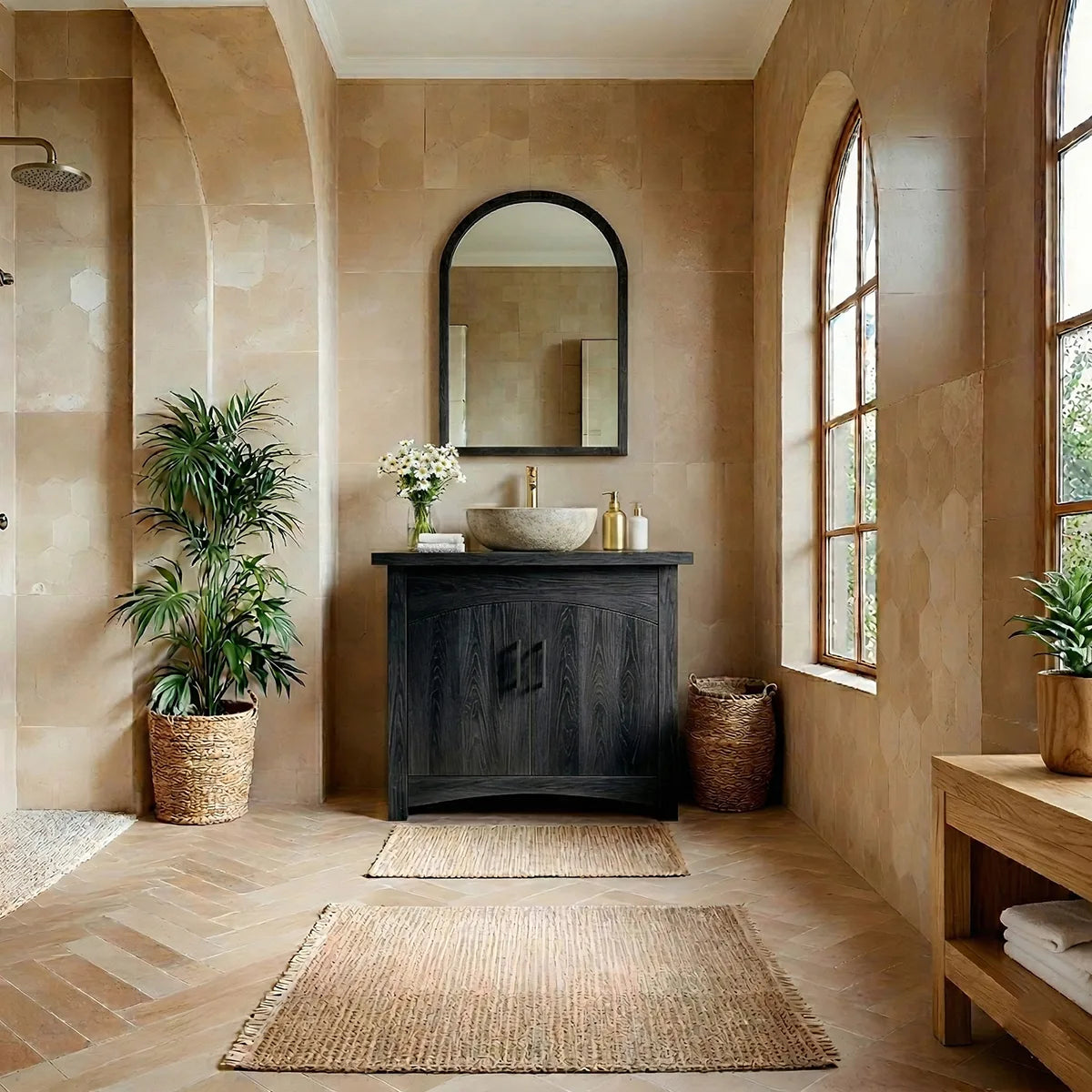 Modern Solid Wood Bathroom Vanity Cabinet with Curved Double Doors