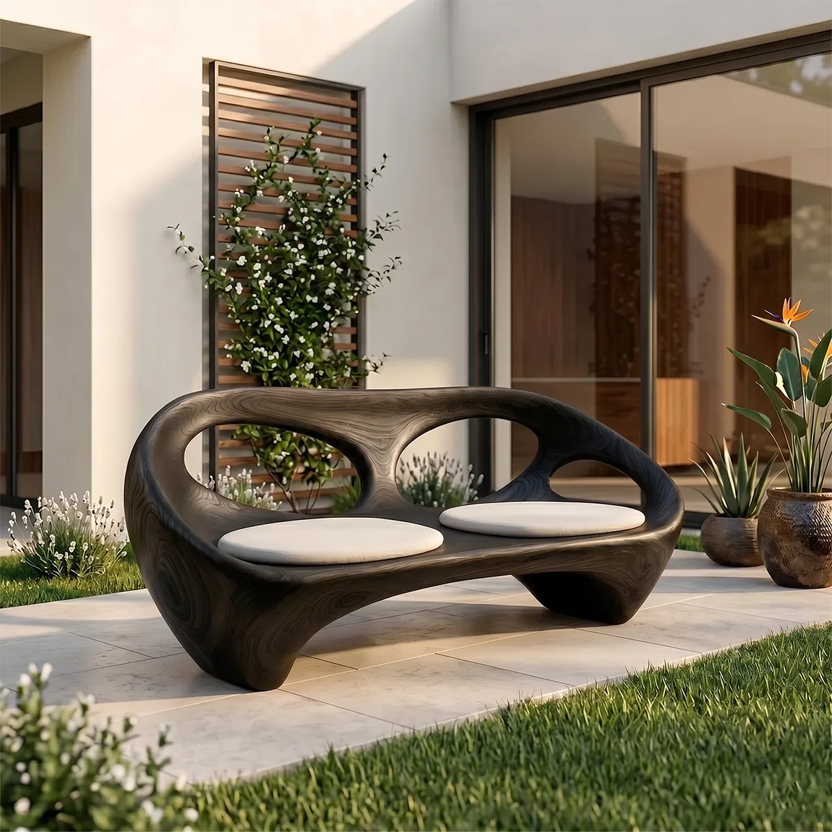 Organic Modern Outdoor Bench, Sculptural Curved Garden Loveseat Seating TH003-1399