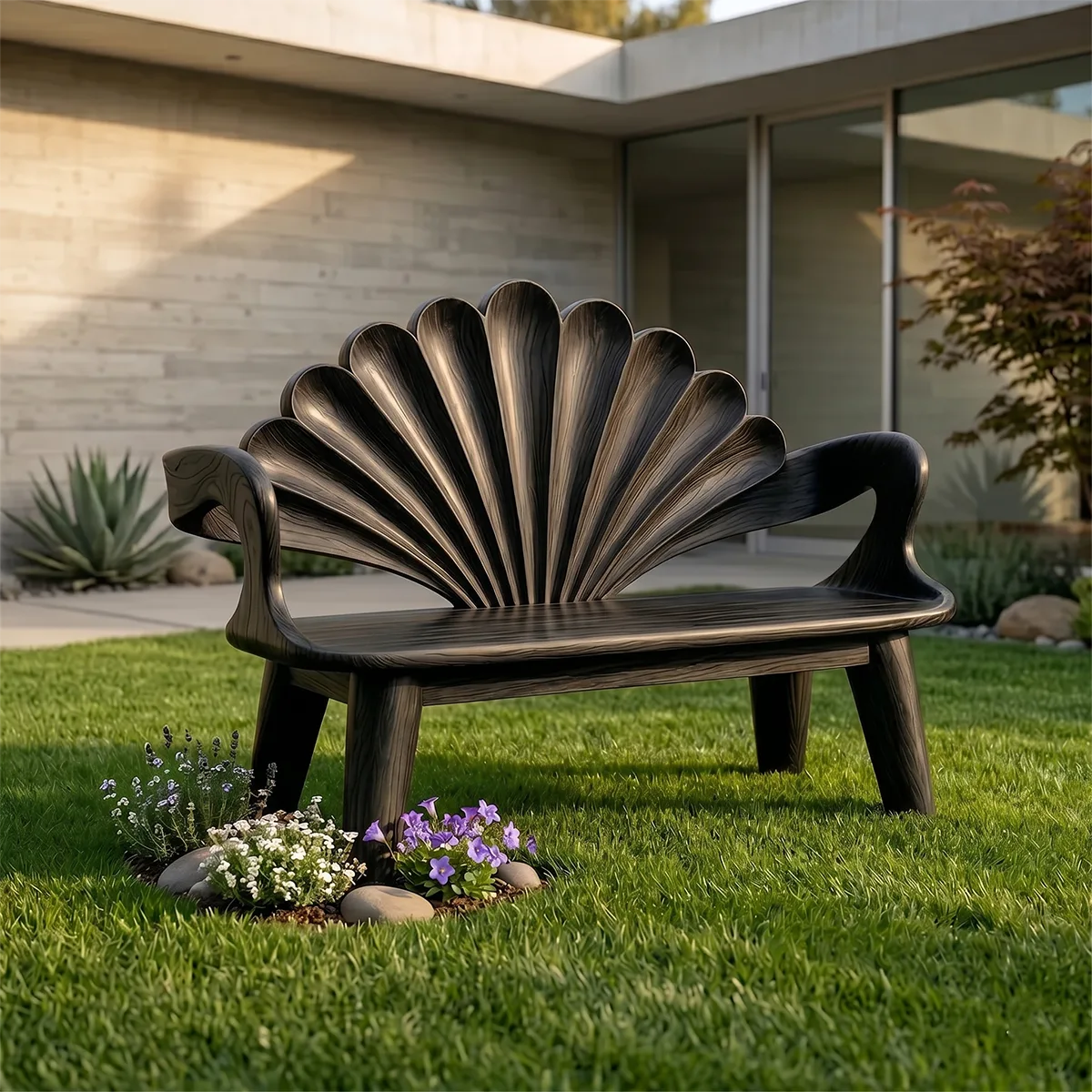Decorative Fan Back Outdoor Bench with Sculptural Design TH003-3086