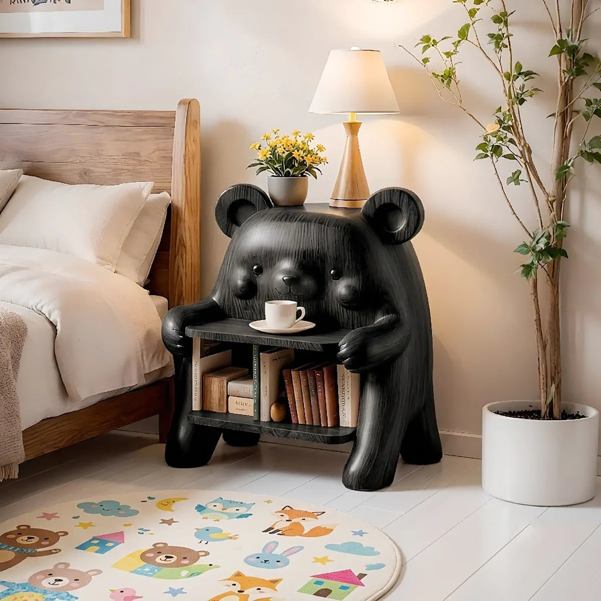Whimsical Solid Wood Bear Side Table with Bookshelf for Kids’ Rooms & Cozy Homes HG021-4308