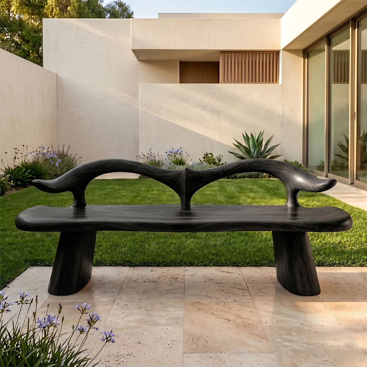 Organic Wave Back Garden Bench, Sculptural Wooden Outdoor Seating TH003-2770