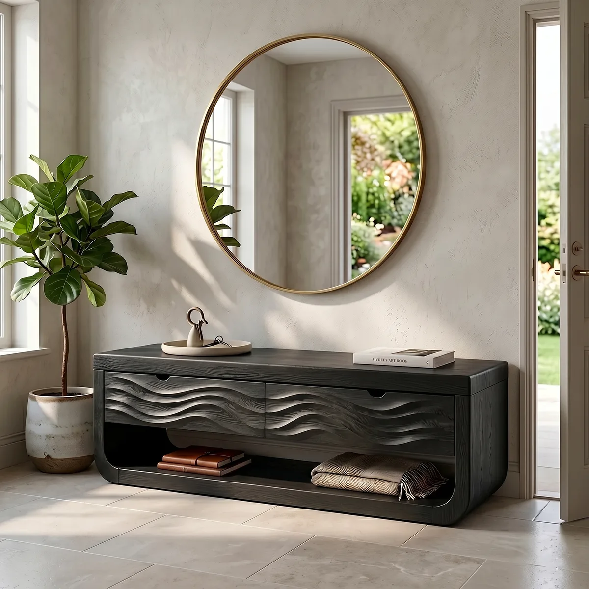 Contemporary Console Bench with Sculpted Wave Drawer Fronts TH003-7011
