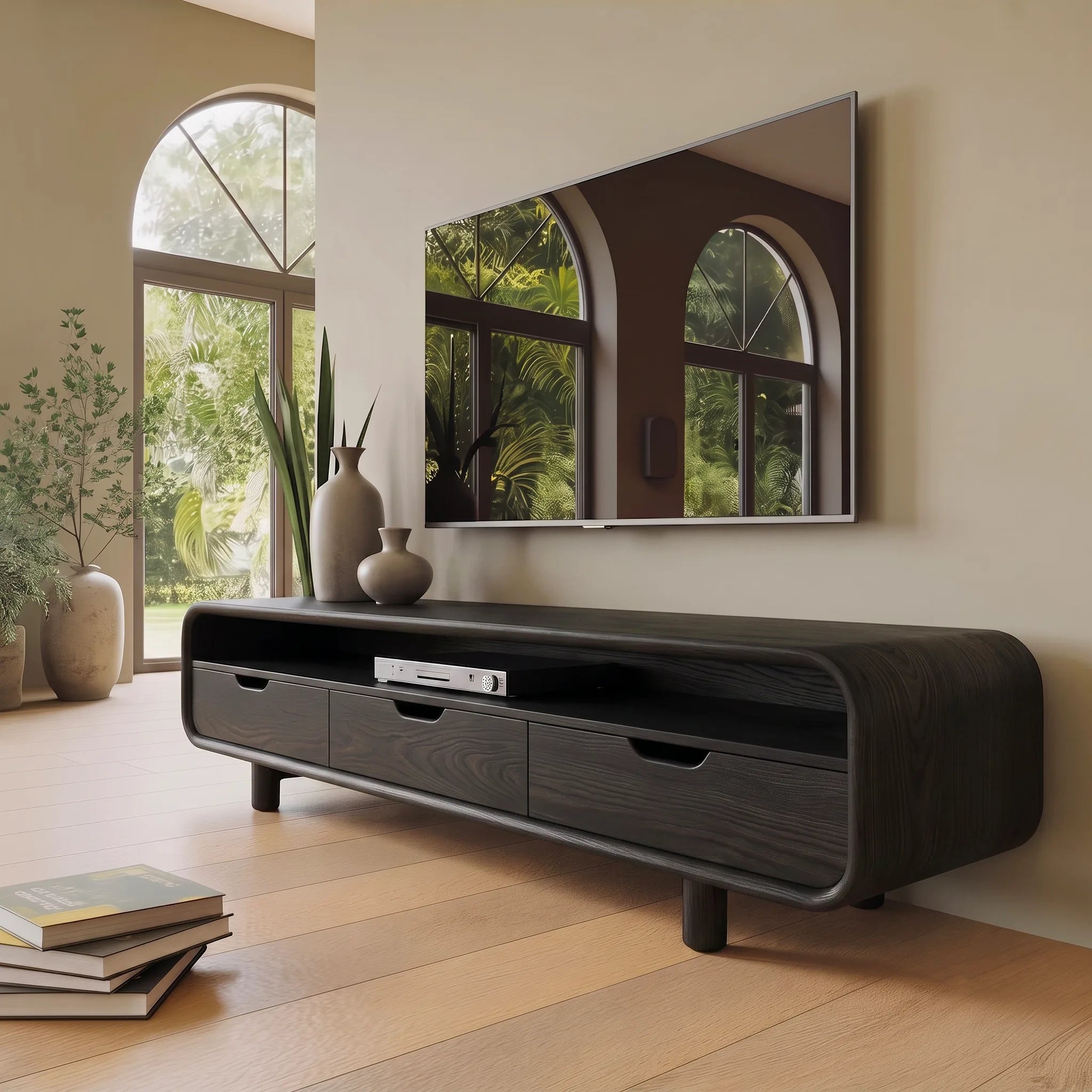 Rounded Wood TV Stand with 3 Drawers | Modern Media Console HG021-6RPM7IQ