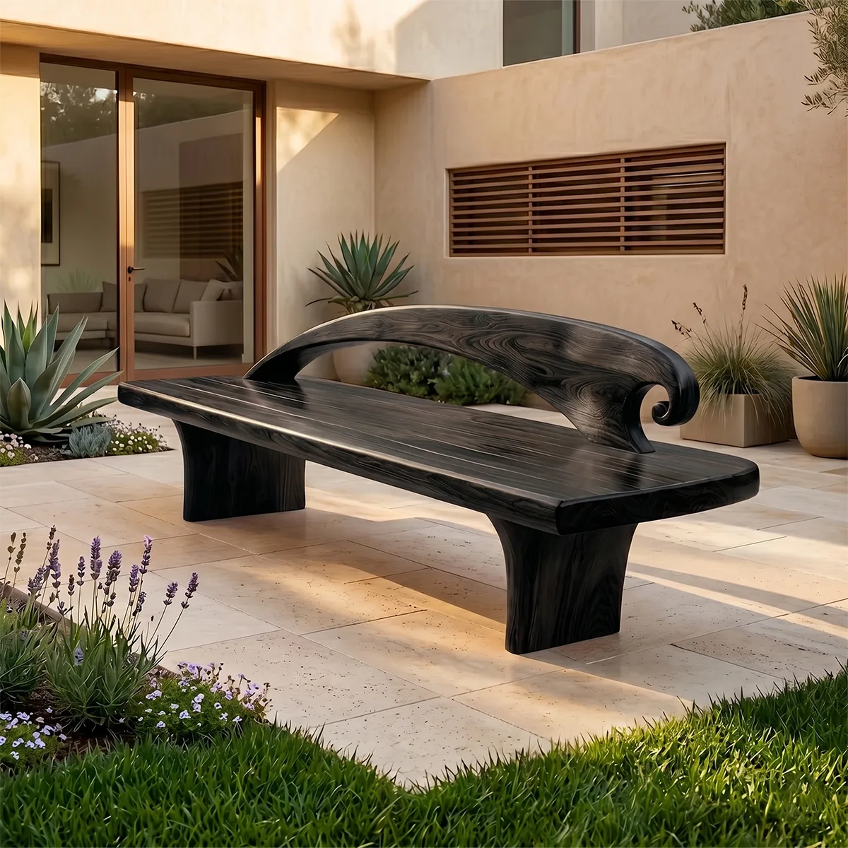 Curved Crest Back Garden Bench, Sculptural Wooden Outdoor Seating TH003-2509
