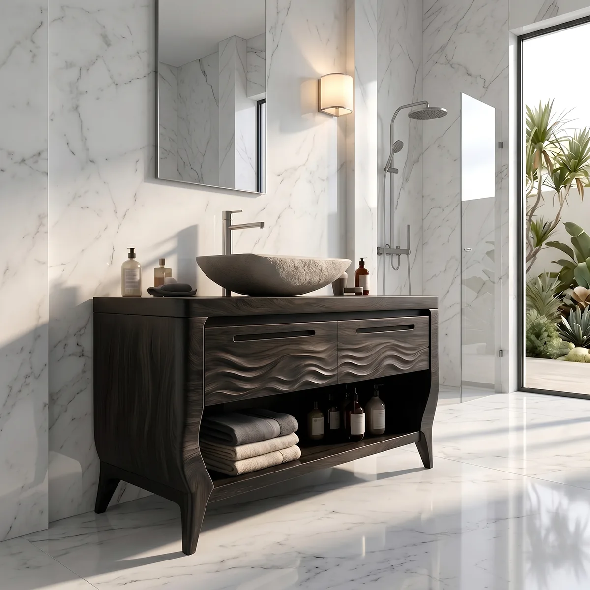 Solid Wood Bathroom Vanity with Open Shelf | Wave Carved Double Drawer Bathroom Vanity Cabinet HG021-3694