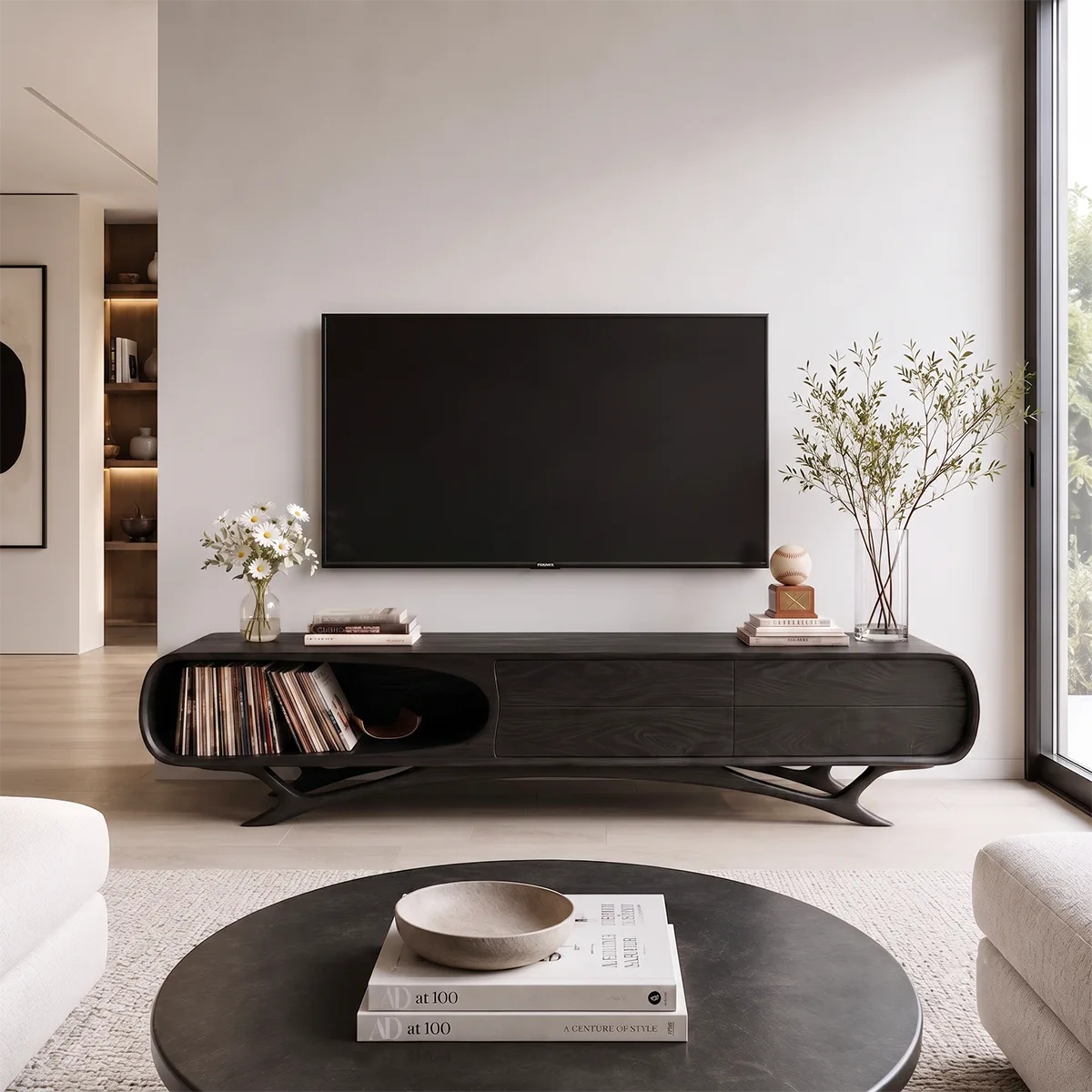 Curved Wood TV Stand with Drawers & Open Shelf | Modern Media Cabinet HG021-3QWT2KN