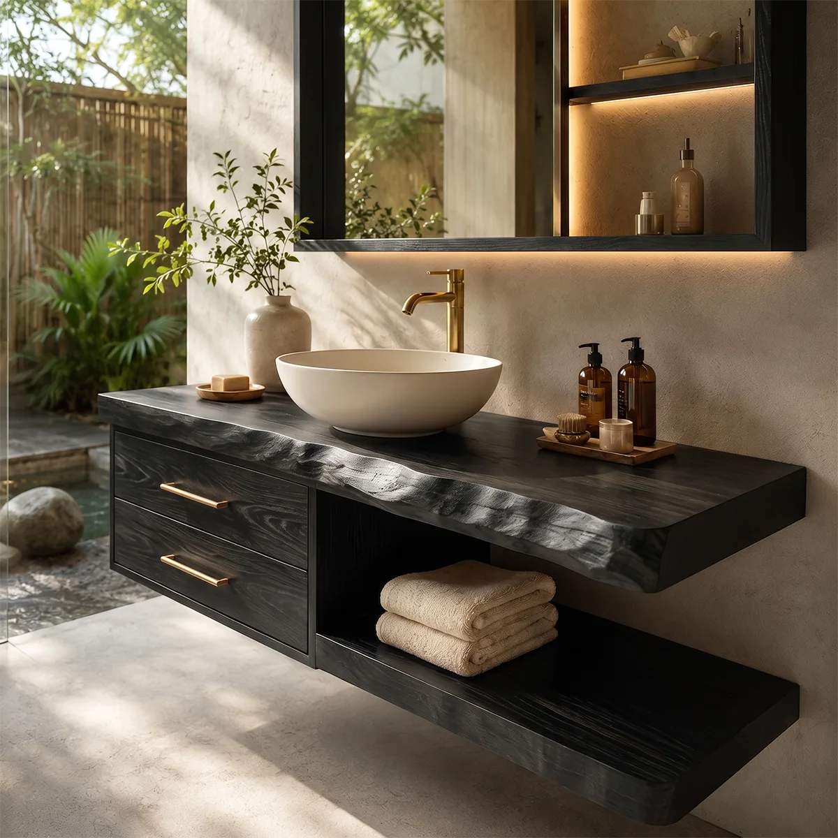 Floating Bathroom Vanity with 2 Drawers & Open Shelf | Organic Edge Modern Vanity TT006-9GFF3VU