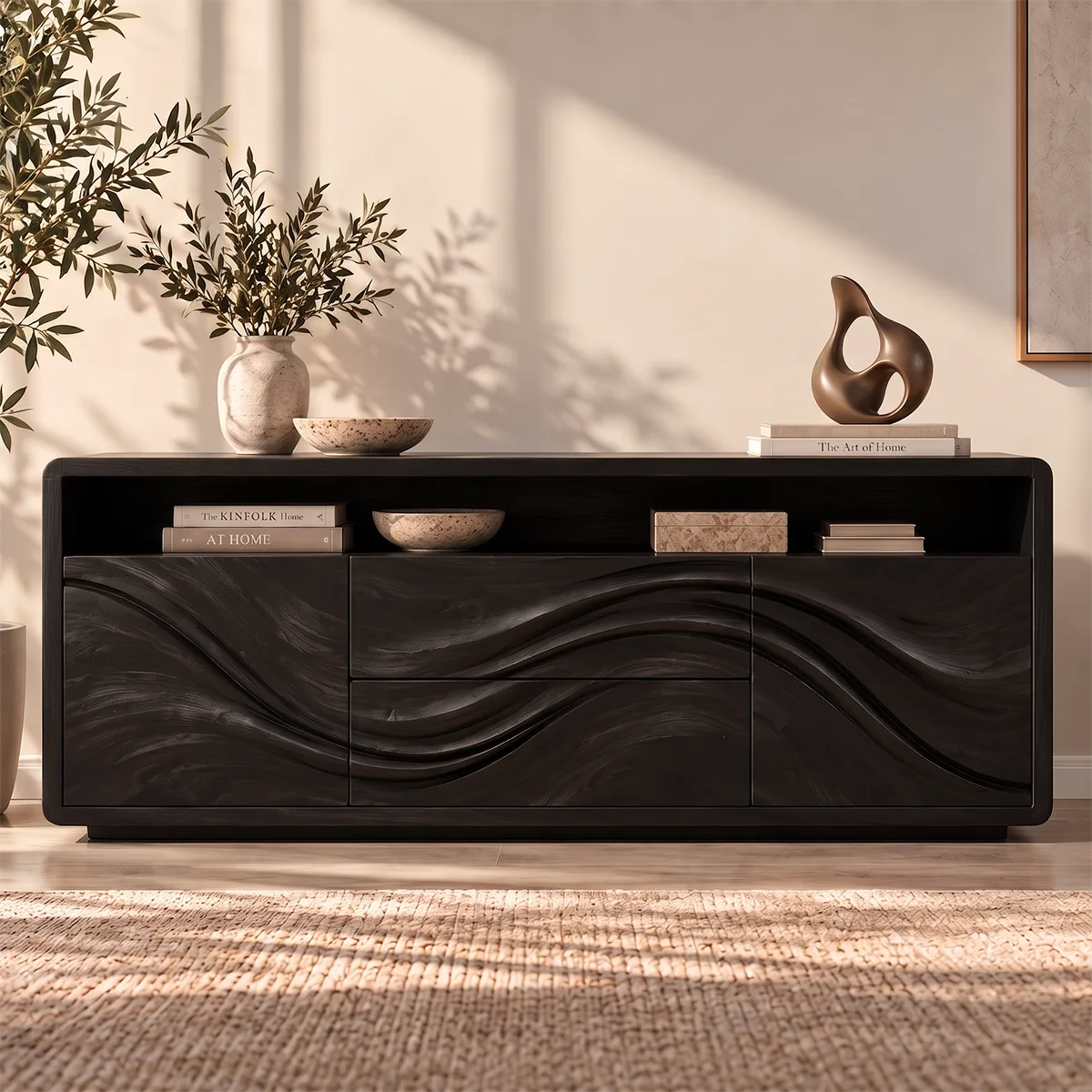 Sculptural Wave Sideboard with 2 Drawers, 2 Cabinets and Open Shelf | Modern Storage Cabinet HG021-9WUN9IL