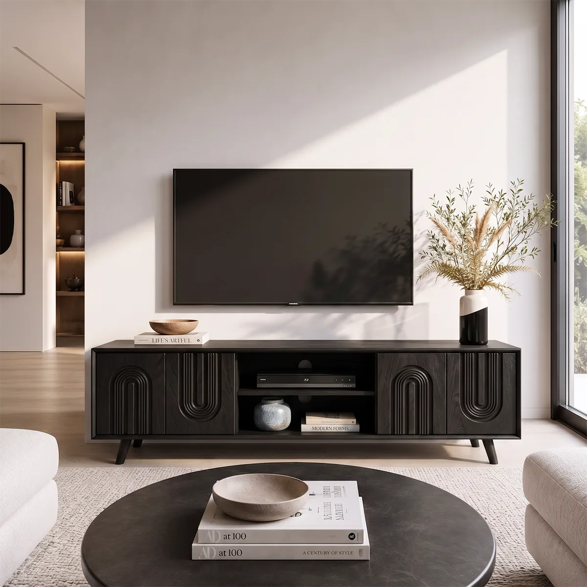 Fluted Arch Wood TV Stand with Open Shelves | Scultural Media Console HG021-8ITG9SJ