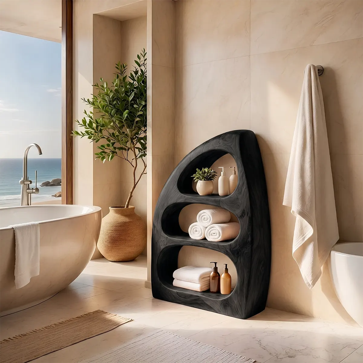Sculptural Bathroom Cabinet with 3 Open Shelves | Organic Modern Storage TT006-2YFR1YX