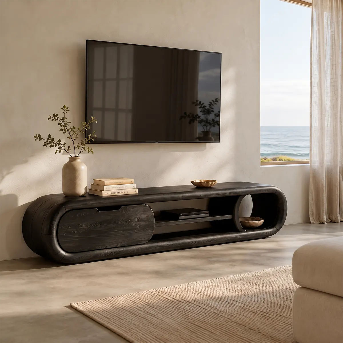Modern Curved TV Stand with Enclosed Storage & 3 Open Compartments TT006-6RBE5GQ