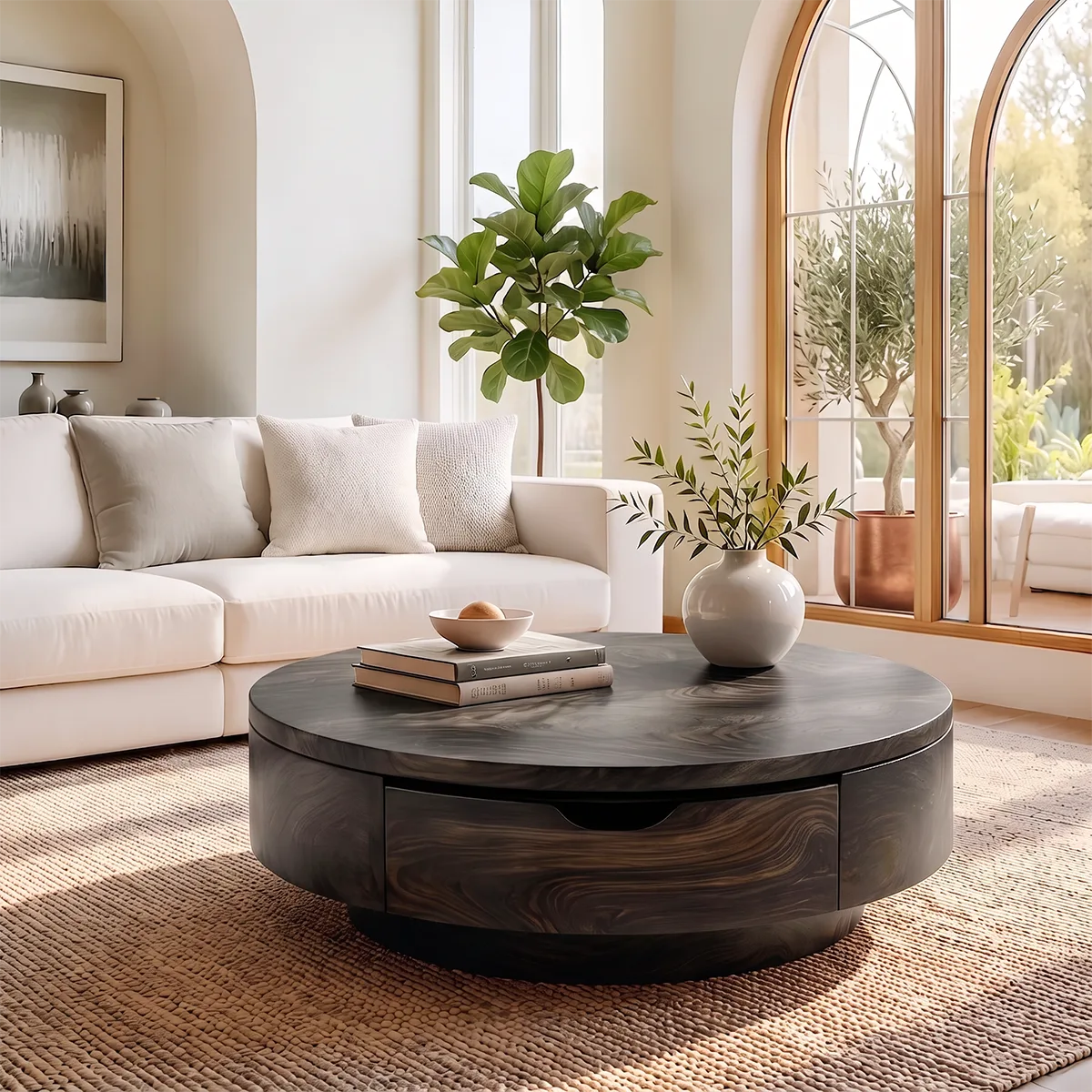 Round Coffee Table with Storage Drawer | Modern Low Profile Center Table HG021-2SOJ4AX