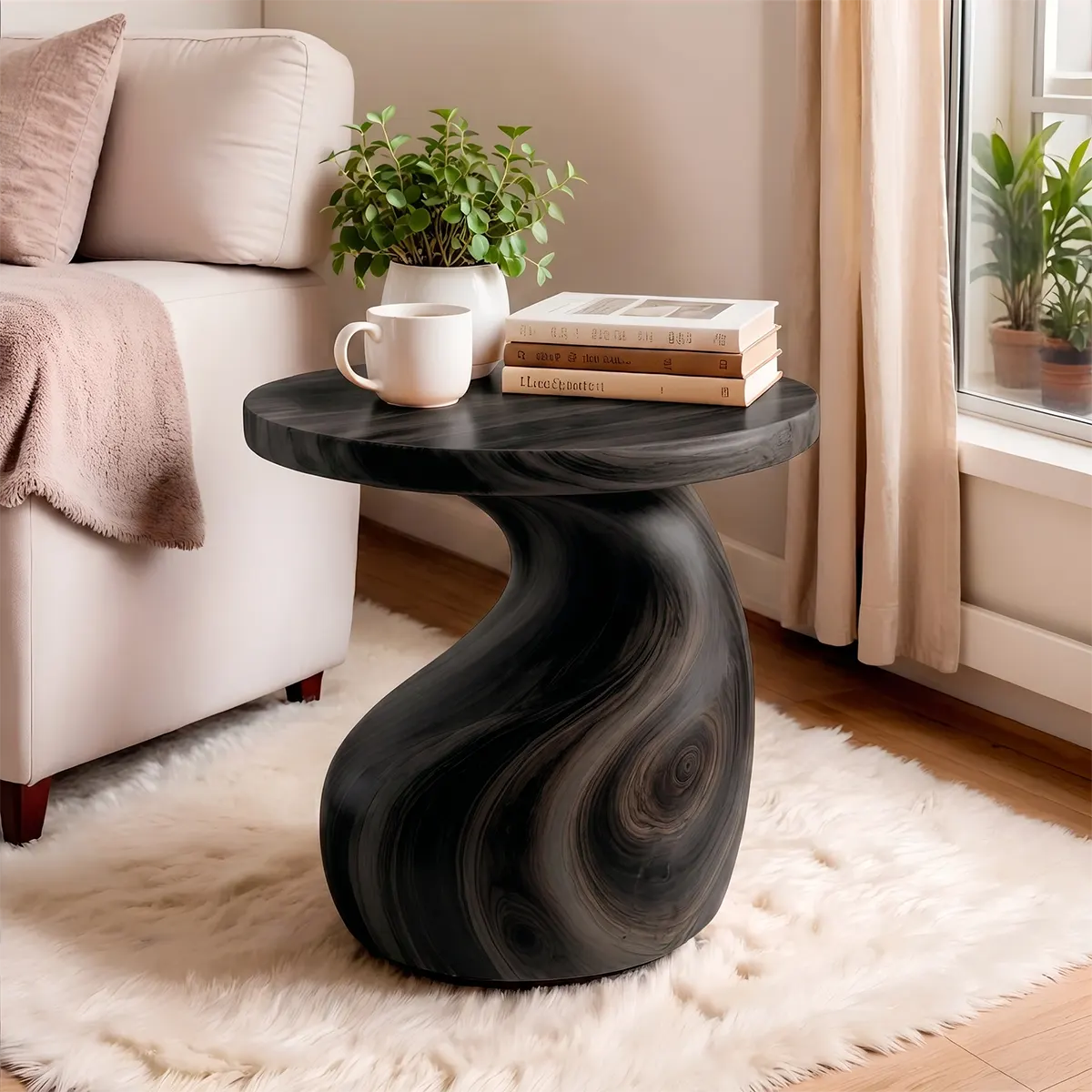Sculptural S-Curve Wood End Table | Round Organic Pedestal Side Table TT006-2YGL2AE