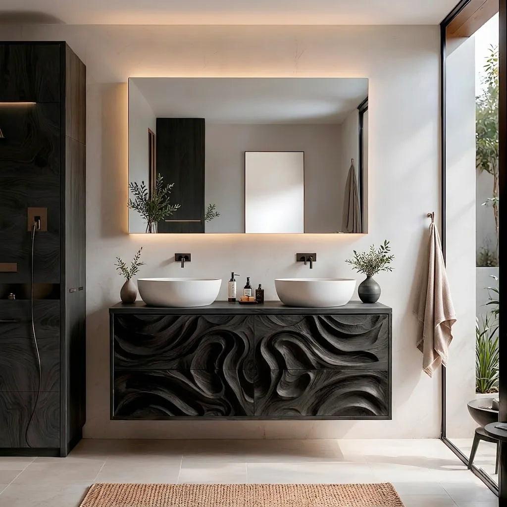 Double Sink Floating Bathroom Vanity | Sculptural Modern Bathroom Cabinet HG021-6631