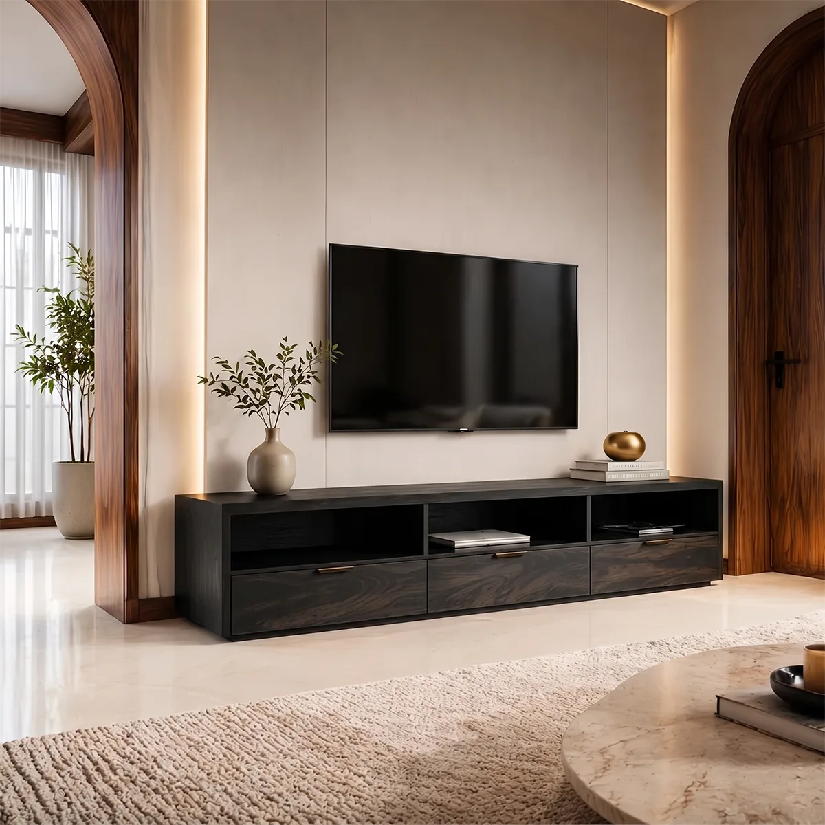 Modern Media Console with Open Shelves and 3 Drawers