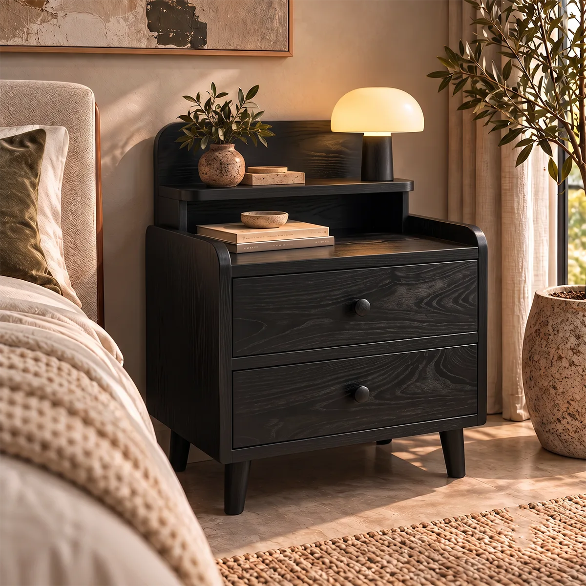 2-Drawer Nightstand with Open Shelf | Mid-Century Bedside Table with Raised Top HG021-8VLX2RD
