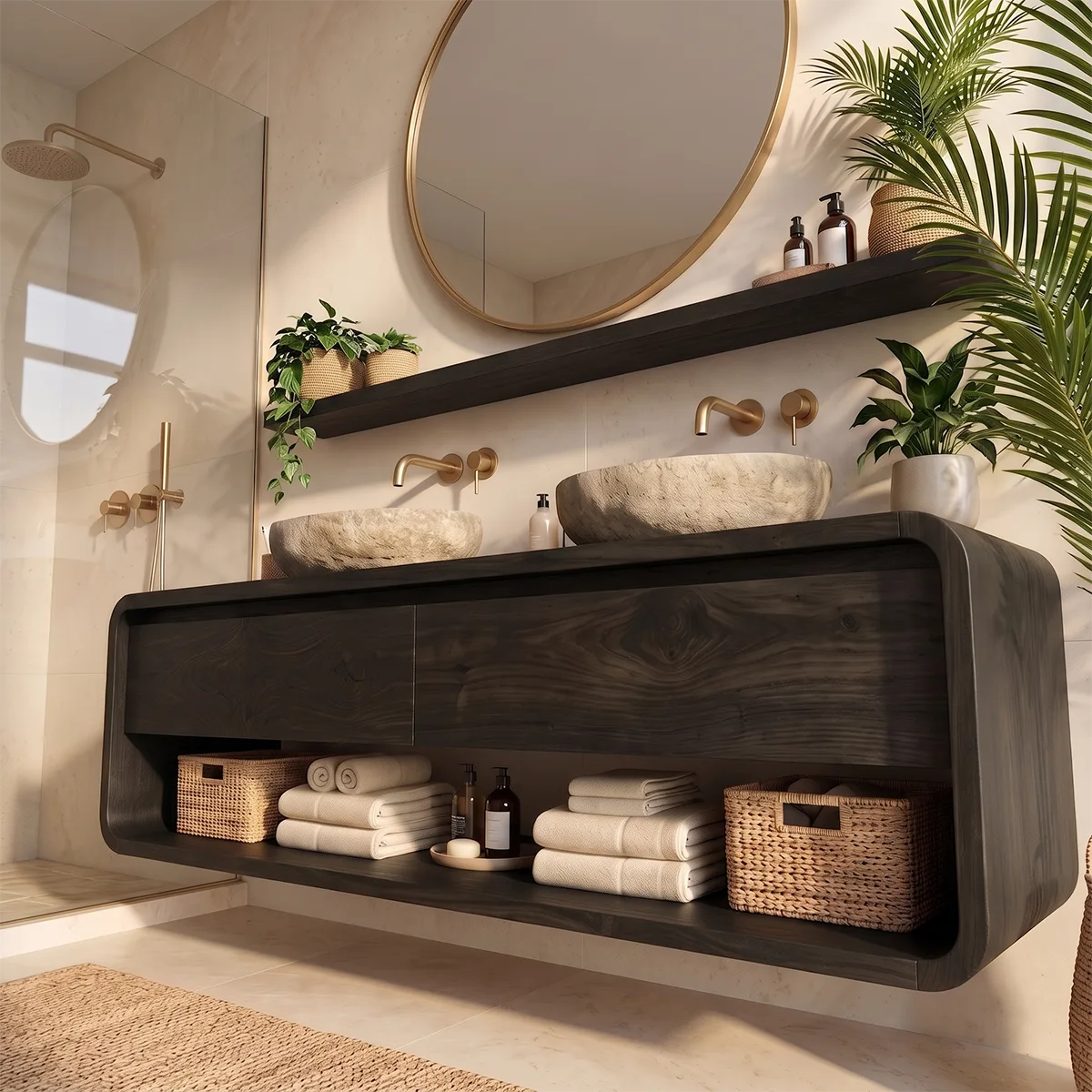 Floating Double Bathroom Vanity with 2 Drawers & Open Shelf | Rounded Organic Modern Design TT006-7NDV5OI