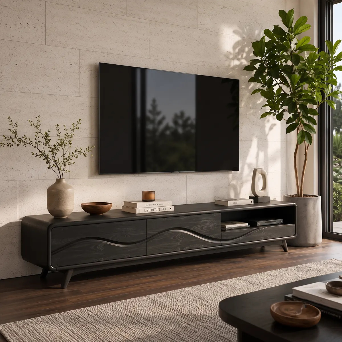 Modern TV Stand with 2 Enclosed Cabinets & Open Storage | Sculpted Wave Media Console TT006-9ORW3JY