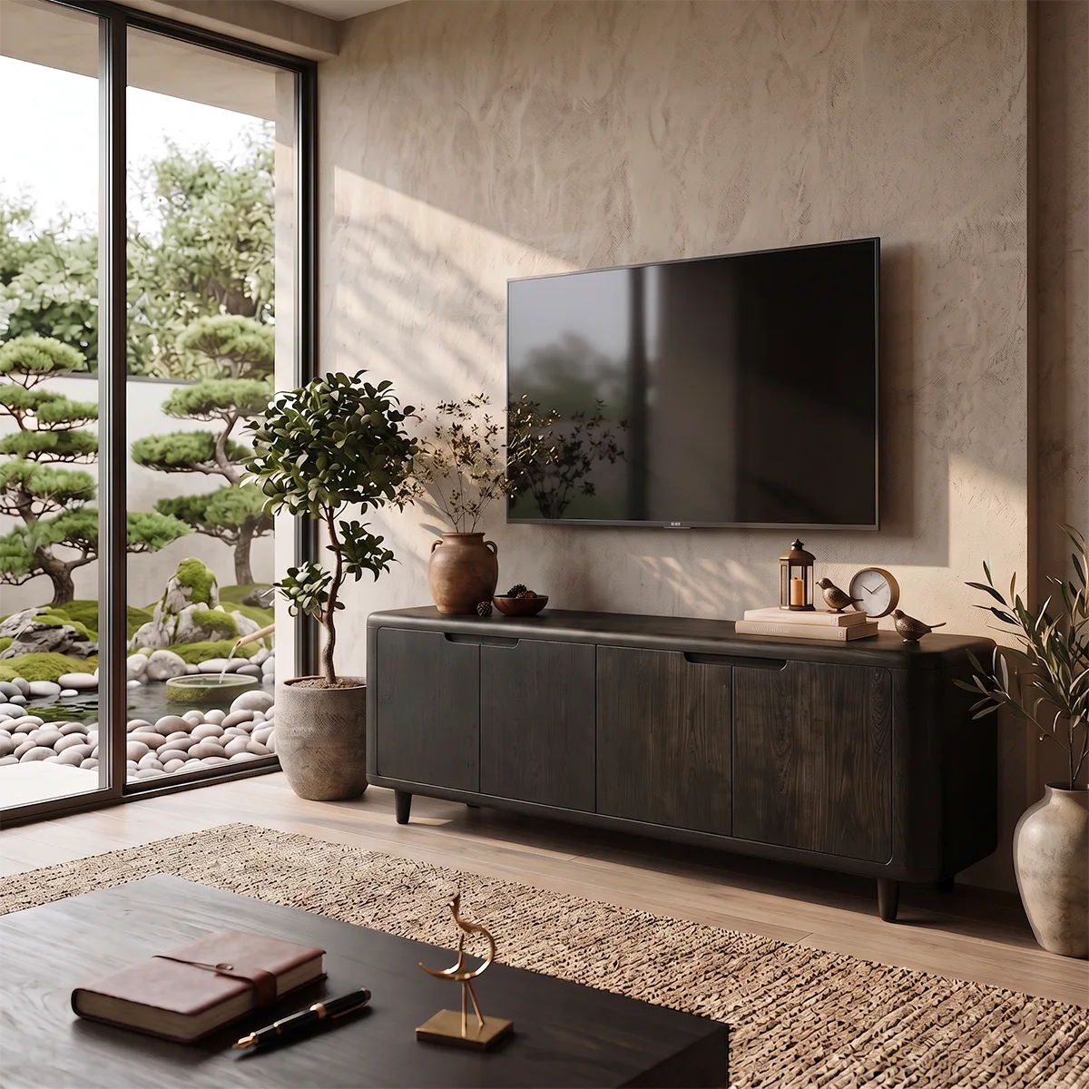 Rounded Wood TV Stand with 4 Doors | Modern Media Console HG021-9PZP1HK