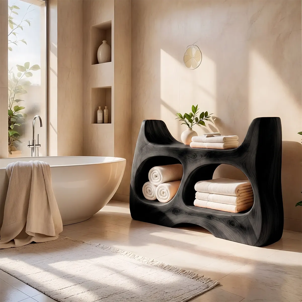 Sculptural Bathroom Vanity with 2 Open Shelves | Curved Organic Modern Design TT006-9TVO9QA