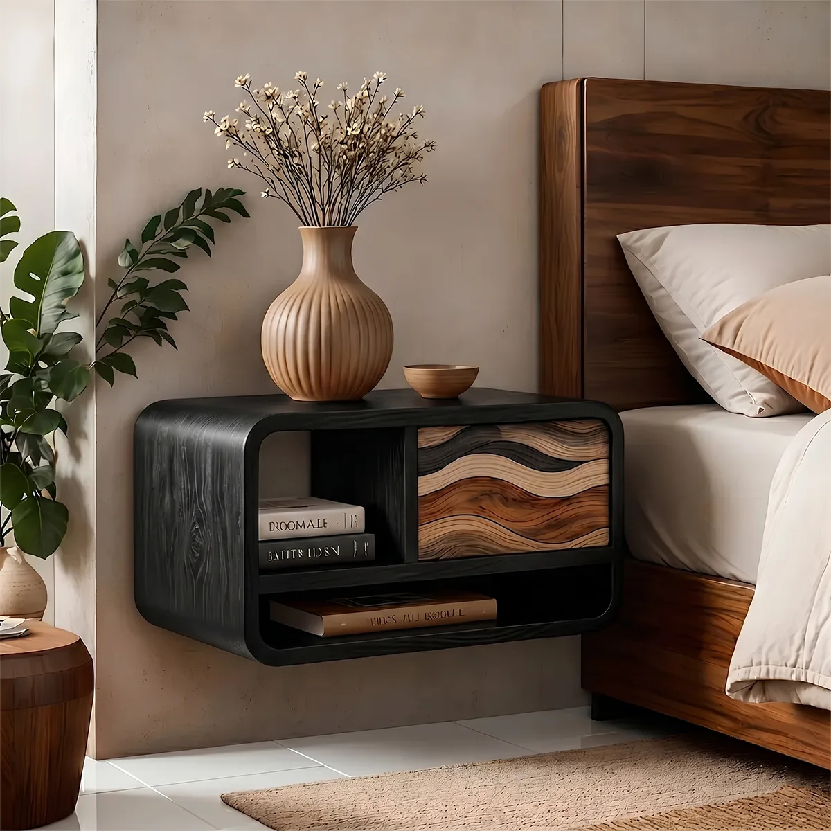 Floating Nightstand | Modern Curved Wall Mounted Bedside Table TH003-1336