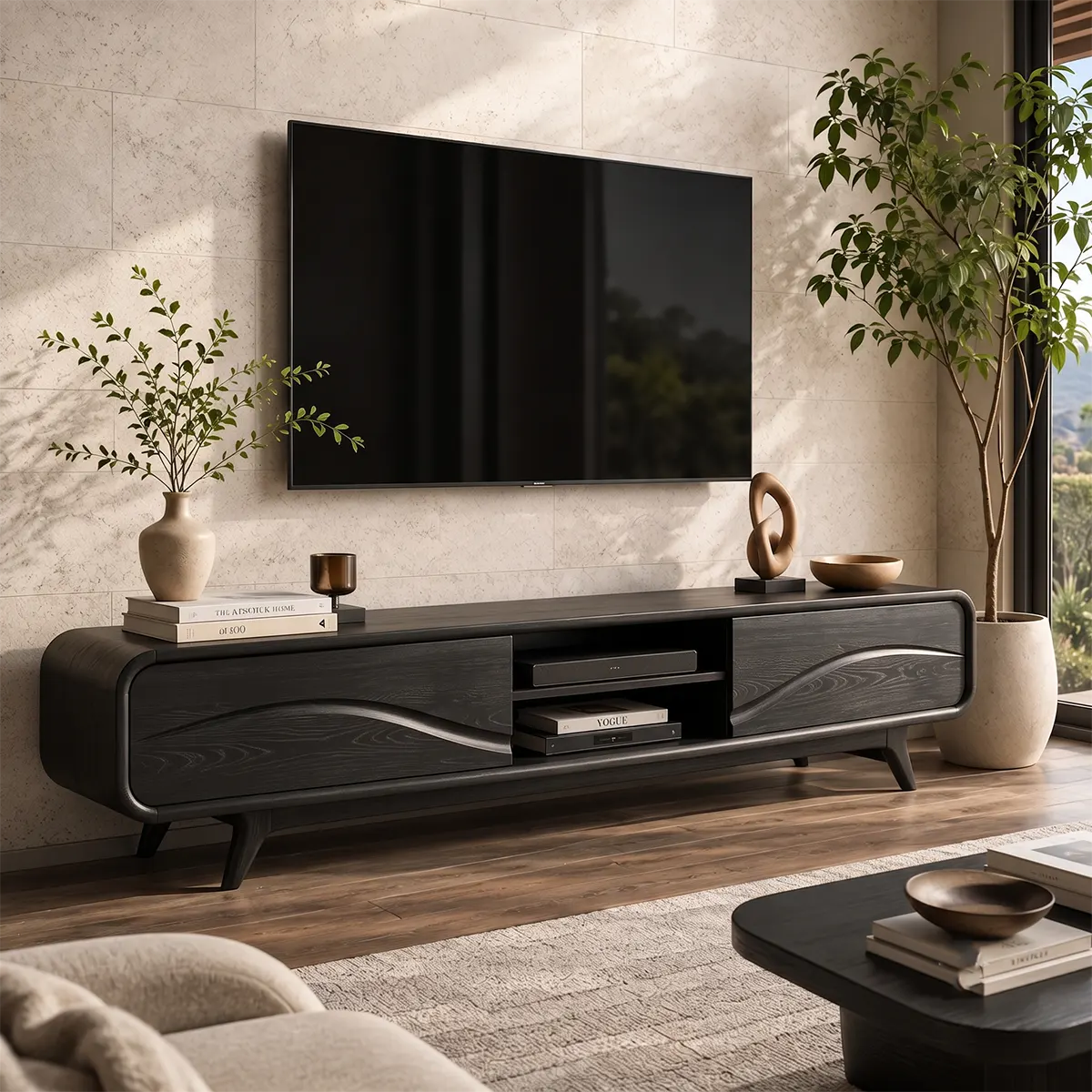 Modern TV Stand with 2 Open Shelves & Enclosed Storage | Sculptural Wave Media Console TT006-7PJS6KB