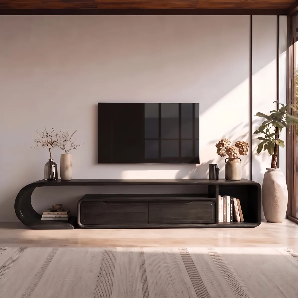 Modern Sculptural TV Stand with 2 Drawers & Open Storage | Curved Low Profile Media Console TT006-8OVX9CA