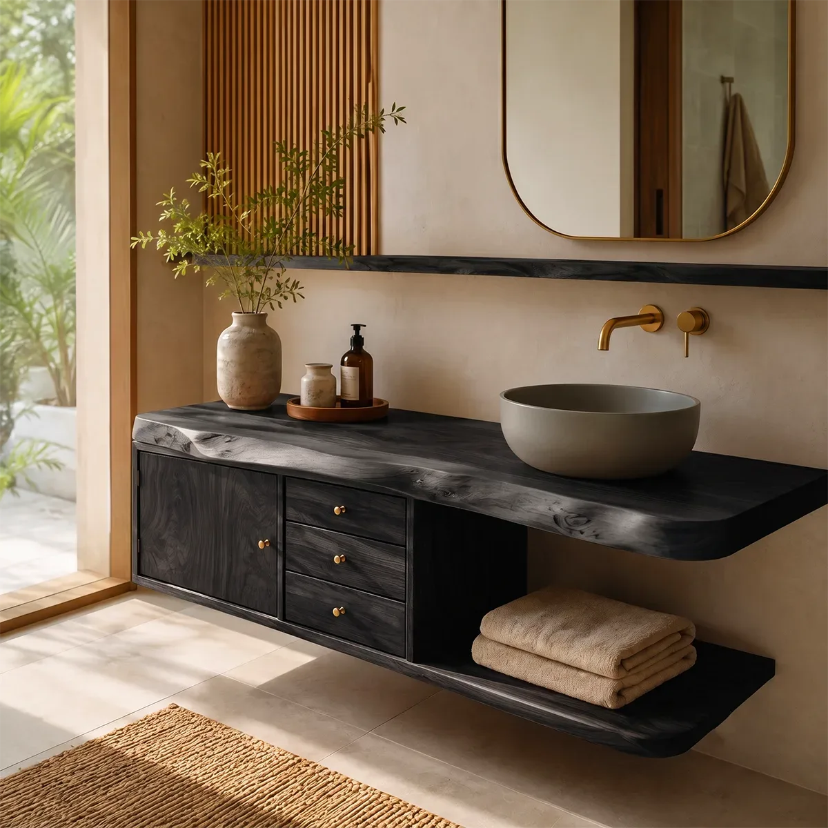 Floating Bathroom Vanity with 3 Drawers & Open Shelf | Modern Organic Design TT006-1XDO9BG